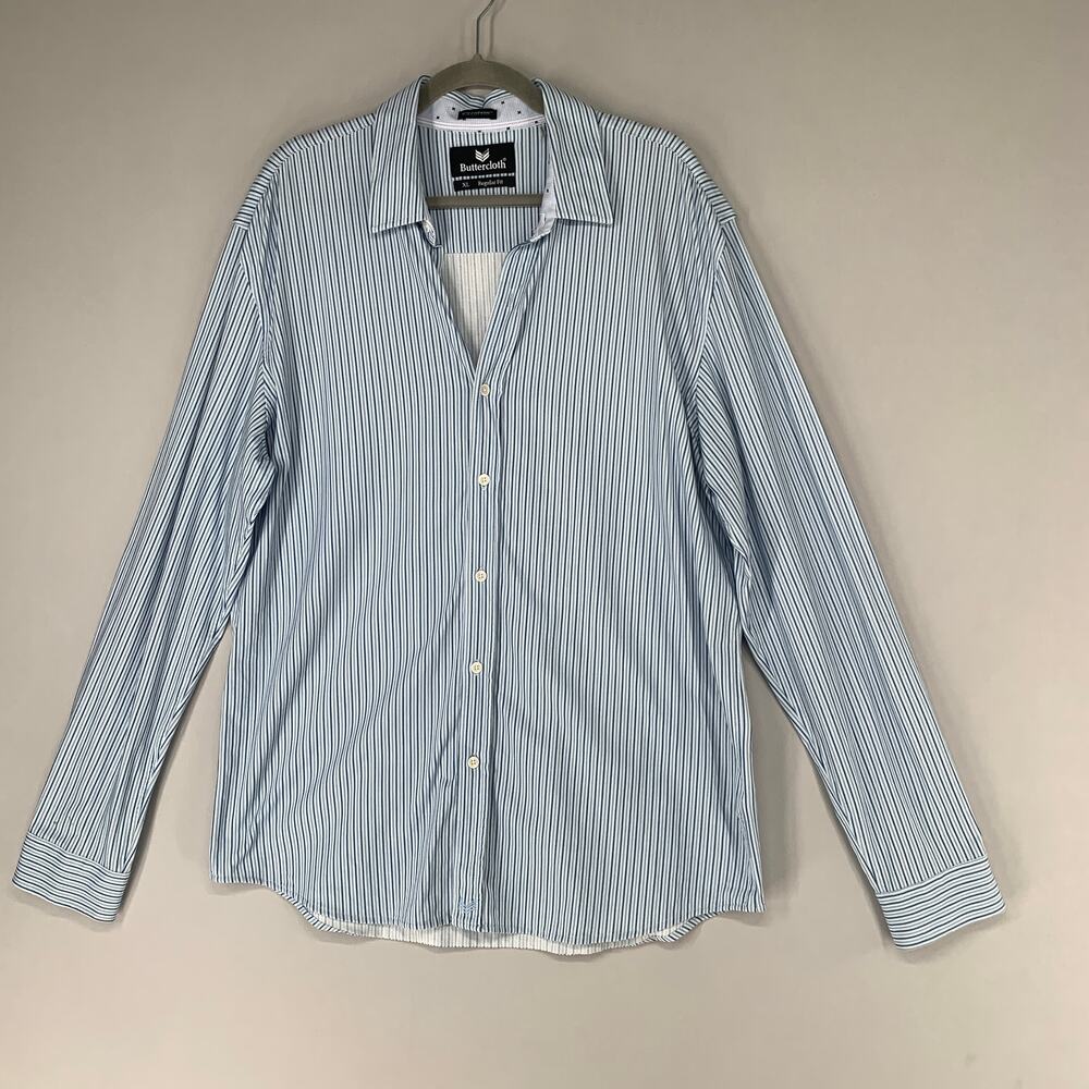 Buttercloth Men Shirt XL Blue Stripe Button Up Icy Cotton Regular Long Sleeve